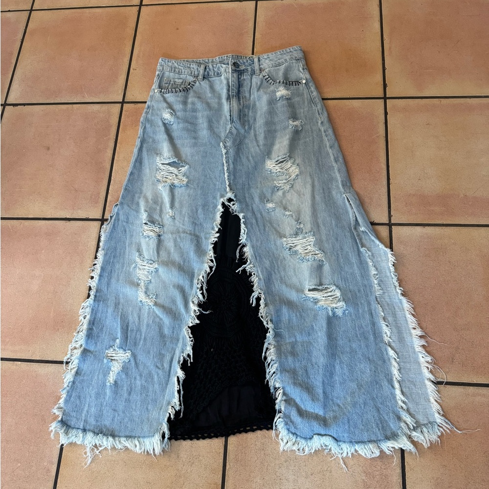 AHO Distressed Denim Maxi Skirt